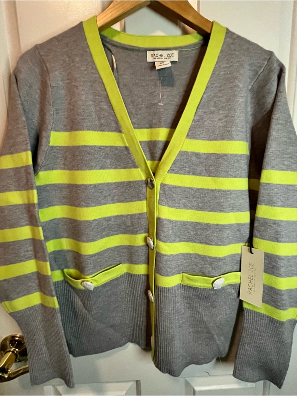 NWT Rachel Zoe Gray Cardigan with Neon Green Stripes Sz M